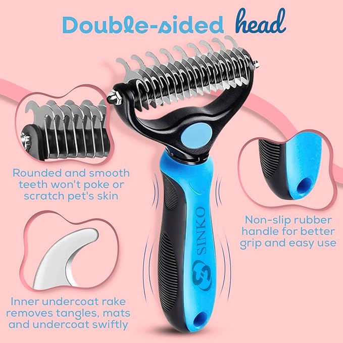 Sinko Shedding Brush For Dog and Cat, Grooming Brush with Extra Wide Double-Sided Stainless Teeth for Detangling, Deshedding, Brushing & Removing Shed Fur, Knots, Mats, and Tangles in Pets (Blue)