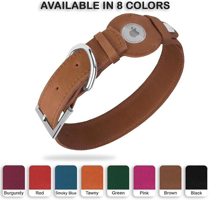 Leather Dog Collar with Airtag Holder - Apple Air Tag Dog Collars - Soft Tracking GPS Pet Collar for Small Medium Large Dogs Breed Puppy (Brown, XL, 19"-24" Neck Fit)