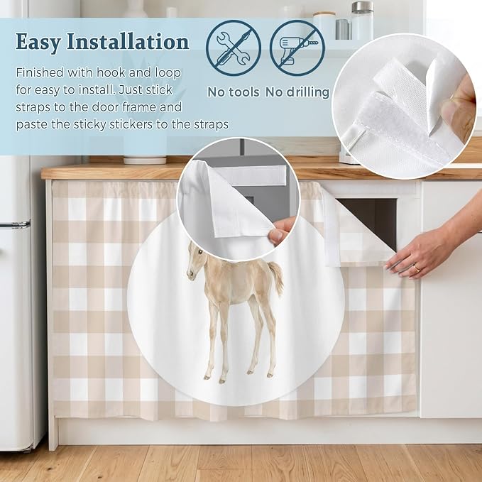 Graceful Pony Cabinet Curtains 28"x51" Sink Skirt for Bathroom Kitchen, Natural Horse Modern Farmhouse Plaid Rustic Self Stick Adhesive Under Desk Covers Tall Laundry Cabinet Storage Organizer