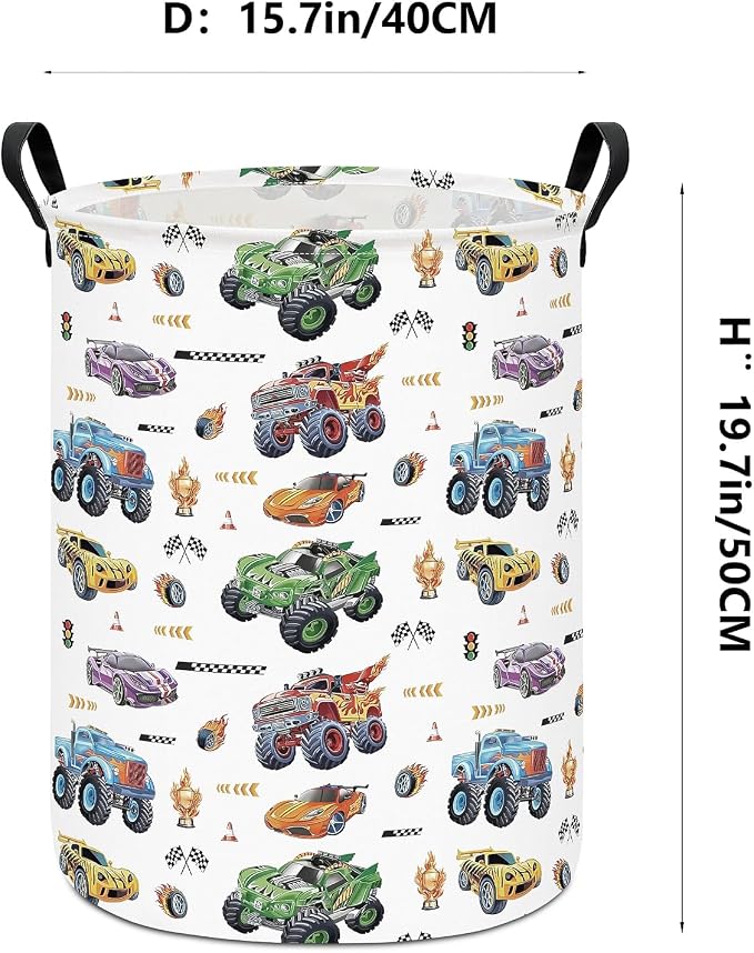Monster Truck Laundry Hamper Storage Basket | Foldable with Waterproof PE Coating Organizer Bin for Kids Boys and Girls,Office,Bedroom,Clothes