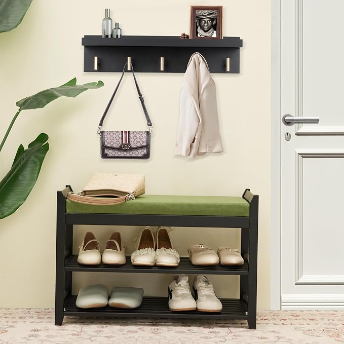 PETKABOO Shoe Rack for Front Door Entrance, 28” Entryway Bench with Coat Rack, Hall Tree Shoe Bench with Storage for Entry, Hallway, Bedroom, Living Room