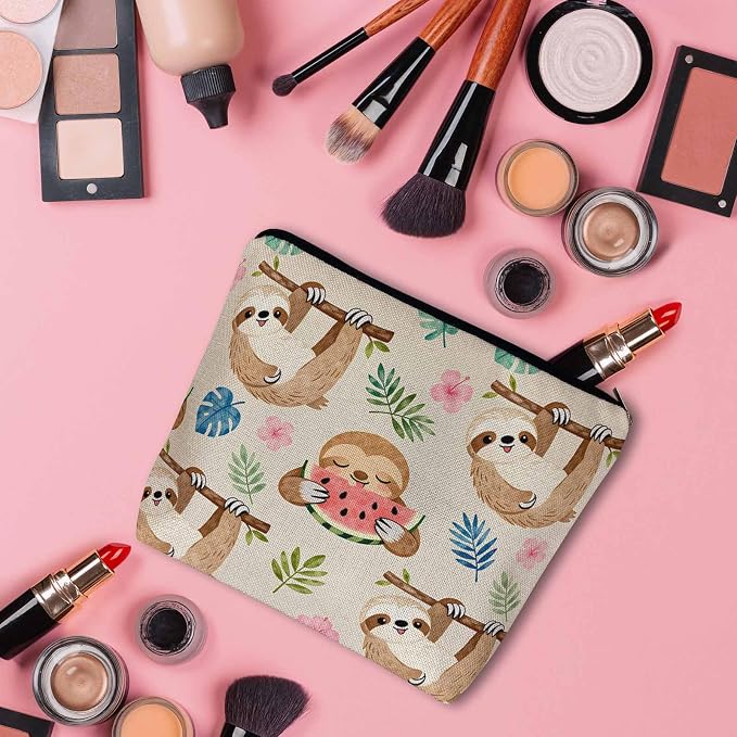 Sloth Makeup Bag For Women, Adorable Cosmetic Bag Makeup Bags, Cute Sloth Animal Sloths On Flower Tree Zipper Bag Travel Bags Toiletry Organizers Pouch Bags Washing Bags For Gym Bathroom