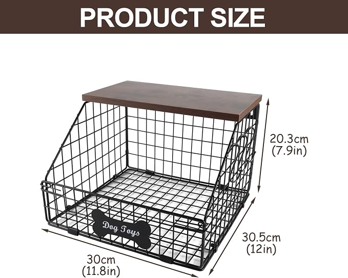 Metal Dog Toy Basket, Medium Dog Toy Box for Living Room Area ﻿ | Chew Proof Dog Toy Bin for Dog Accessories, Wire Basket for Pet, Dog Storage Organizer with Wood Shelf,(11.8"x12"x8")