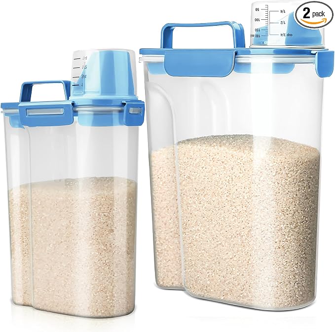 Viretec Rice Storage Container, 5 to 10lb Dry Food Airtight Dispenser, Pet Dog Cat Food Canister, BPA Free Clear Plastic Kitchen and Pantry Bin for Oatmeal, Cereal, Pasta, Flour Pack of 2 Blue