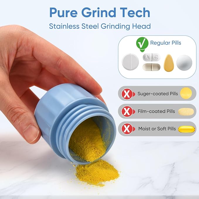 3-in-1 Pill Crusher and Cutter (Blue) | Pills Crusher Fine Powder with Stainless Steel Grinding Head, Storage for Tablets, Cutter Splitter for Small and Tiny Pills