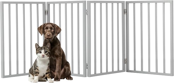 Pet Gate - 4-Panel Indoor Foldable Dog Fence for Stairs, Hallways, or Doorways - 72x24-Inch Retractable Wood Freestanding Dog Gates by PETMAKER (Gray) | Foldable Dog Fence with Accordion Design, Wooden Safety Pet Fence for Stairs, Hallways, Doorways, a...