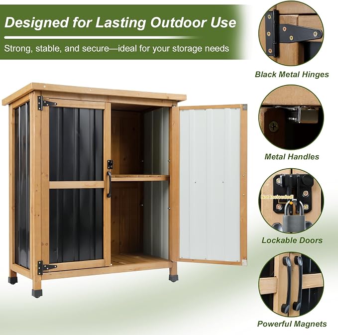 Ketive Outdoor Storage Cabinet, Wood & Metal Small Garden Tool Storage Cabinet with Weather-Resistant Asphalt Roof, Double Lockable Doors & Removable Shelves for Porch, Patio, Garden, Backyard