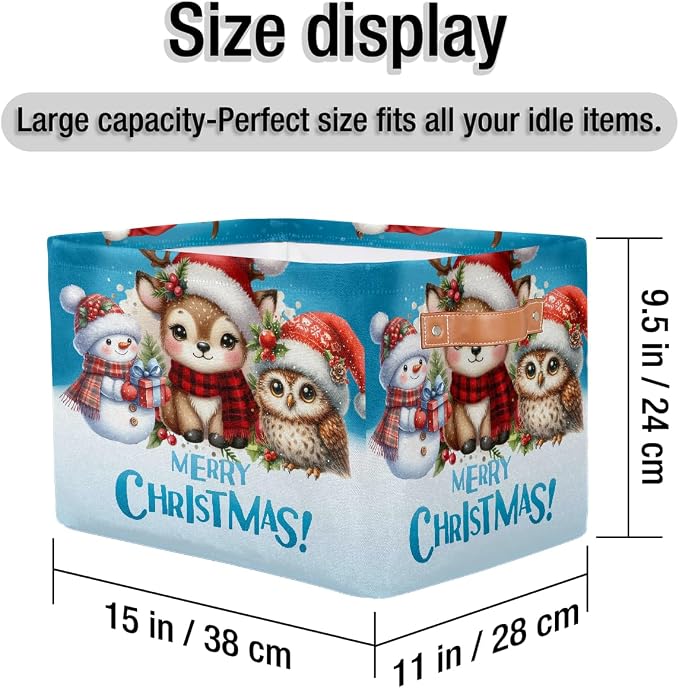 Pardick Christmas Reindeer Snowman Basket Storage Bins Large Fabric Toys Storage Cube Box with Handles Collapsible Closet Shelf Cloth Organizer Basket for Nursery Bedroom Bathroom Holiday Gift