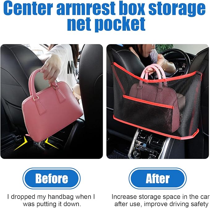 Ziciner Car Net Pocket Handbag Holder, Organizer Mesh Bag Between Two Seat, Driver Storage Netting Pouch for Handbag Purse, Barrier of Backseat Pet Kids, Car Accessories for Women Men (Black&Red)