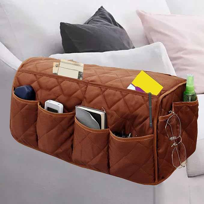 MEHIDFY Armchair Caddy, Waterproof Sofa Armrest Organizer, Non Slip Recliner Organizer, Remote Holder for Recline, Recliner Caddy with 14 Pockets Storage for TV Remote, Phone, Magazine (Brown)