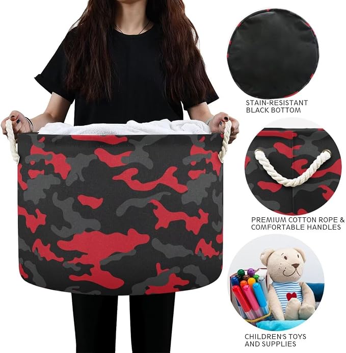 Red Black Camo Print Collapsible Round Storage Basket with Handles | Hunter Camouflage Large Laundry Baskets Hamper, Clothes Organizer Bin for Bedroom Living Room Decor, 20x 20x 14 Inches