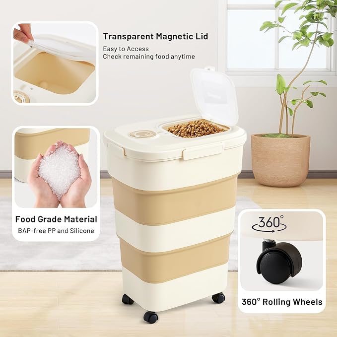 ZOMISIA 40-50lbs Dog Food Storage Container, Large Capacity Collapsible Airtight Pet Food Storage Containers with Rolling Wheels, Transparent Lid, Scoop and Date Track, Brown