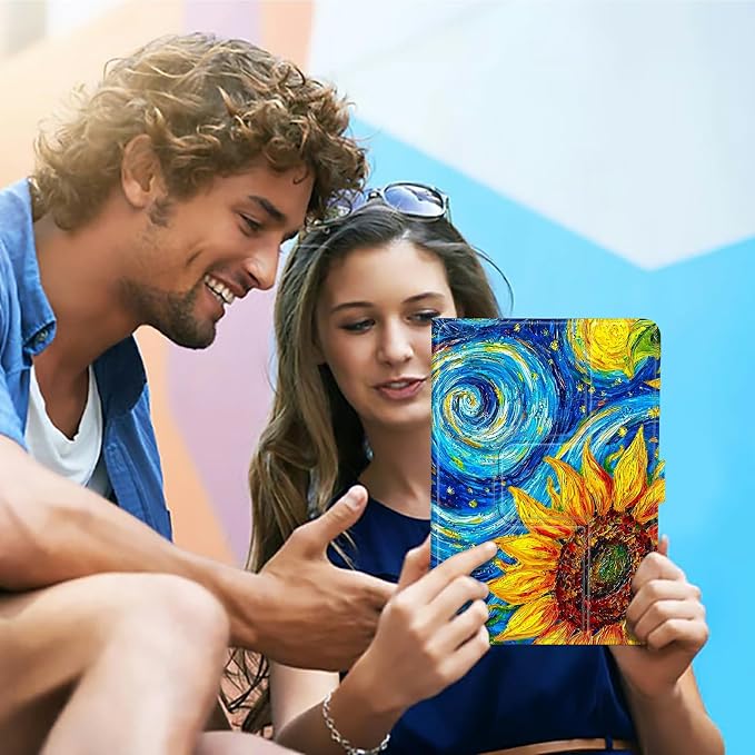 Universal Tablet Case for T-Mobile Revvl Tab 2 10.1" 2025/Revvl Tab 5G 10.36" 2023, 360 Degree Rotating Kickstand Protective Stand PU Leather Shell Cover for 9"-10.5", Starry Sunflower