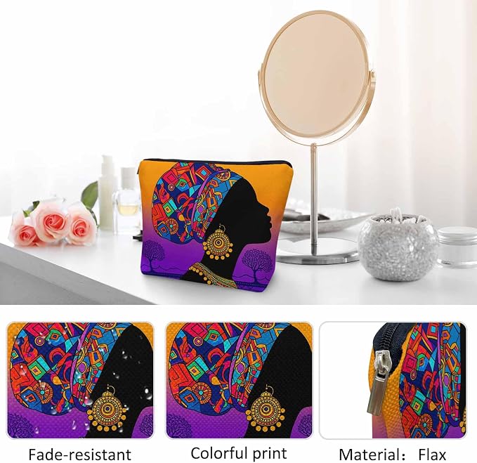 Makeup Bag African Woman Makeup Bags For Purse Pouch, Traditional Black African Woman Travel Toiletry Bag Cosmetic Bag Makeup Bags Flax Makeup Organizer Bag Pencil Pouch For Man Woman