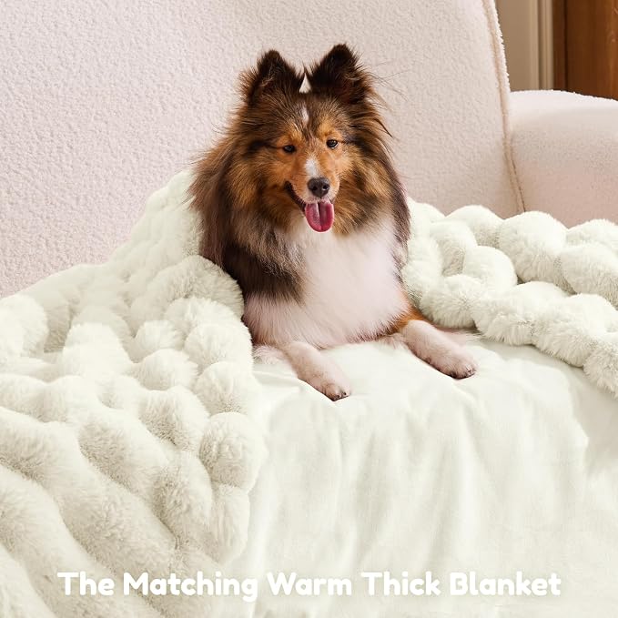ChiXnuggle Orthopedic Human Dog Bed,Striped Faux Fur Washable Cover,Blanket | cream,72*40*10,giant dog bed for adult or extra large dogs,egg crate foam,non-slip bottom