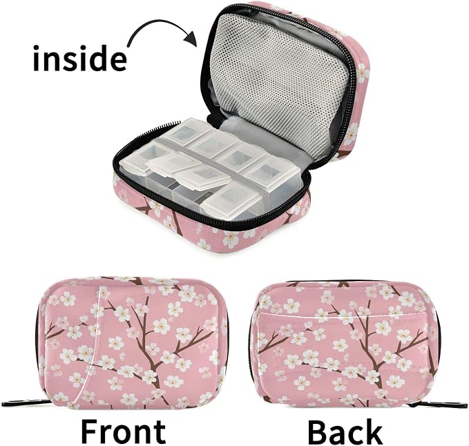 Fustylead White Cherry Blossoms on Pink Background Pill Organizer Case with Zipper 2 Times A Day for Vitamin and Supplement, 7 Day Travel Organizer Medicine Case