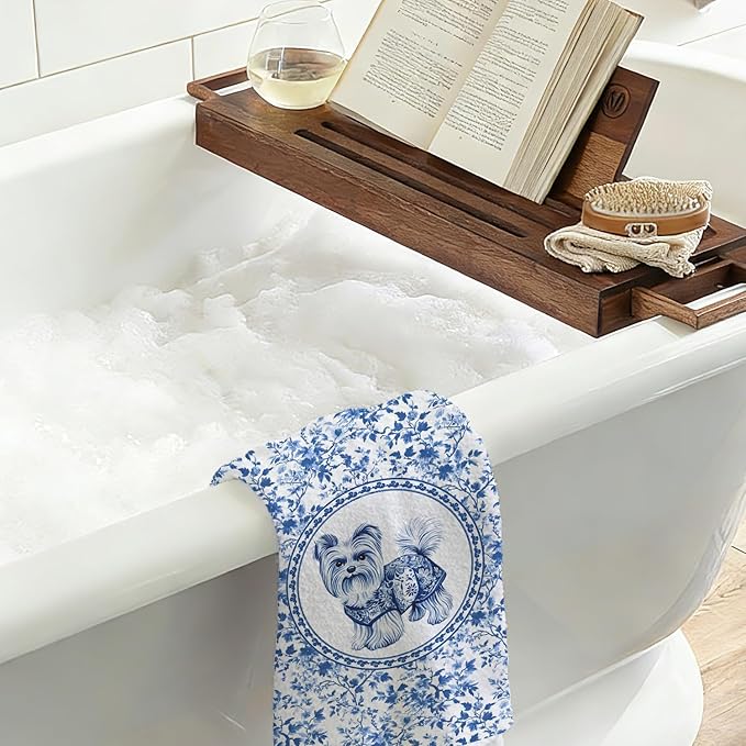 Chicimln Chinoiserie Yorkshire Terrier Kitchen Towels, Gifts for Yorkie Lovers Decorative Hand Towels for Bathroom, Blue and White Dog Dish Tea Towel Drying Cloth for Kitchen Decor,16x24 Inch,set of 2