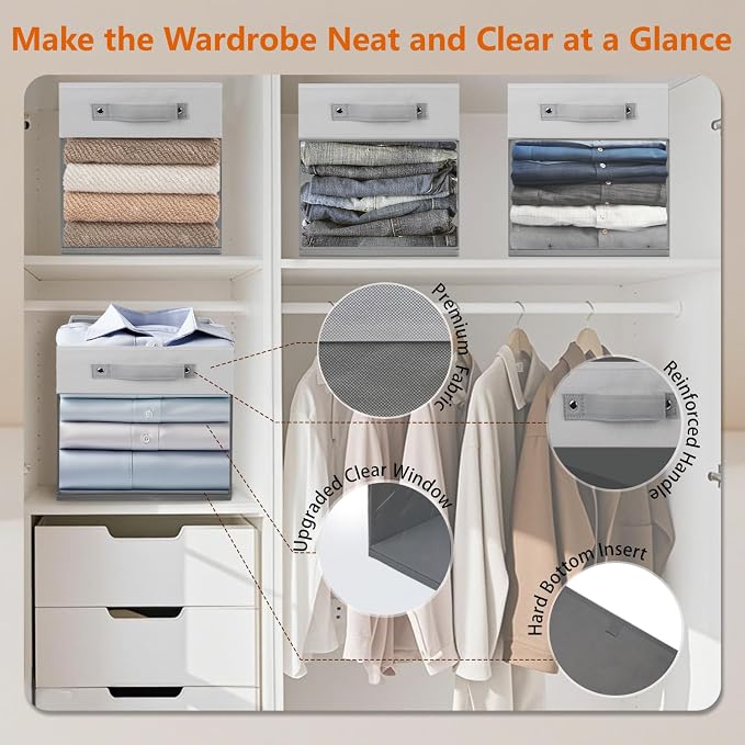 3-Pack Foldable Storage Cubes with Clear Window,Heavy Duty Fabric Storage Bins for Closet,Nursery,Office,Dorm & Home Organization,Space-Saving Box Organizer Basket for Books,Clothes,Toy (Gray & White)