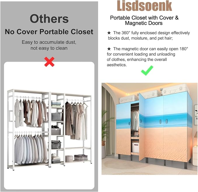 Heavy Duty Clothes Rack with Cover & Magnetic Doors, 1500lb Portable Wardrobe Closet - Foldable Garment Rack for Bedroom, Large Storage for Hanginng Dresses Jackets (Beach Blue, 70.8IN)