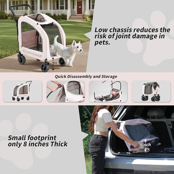 EchoSmile 4-Wheel Pet Stroller for Dogs & Cats, Up to 135 lbs, Pink | Lightweight Carrier · Storage Basket Included · Adjustable Handle · Removable Pad