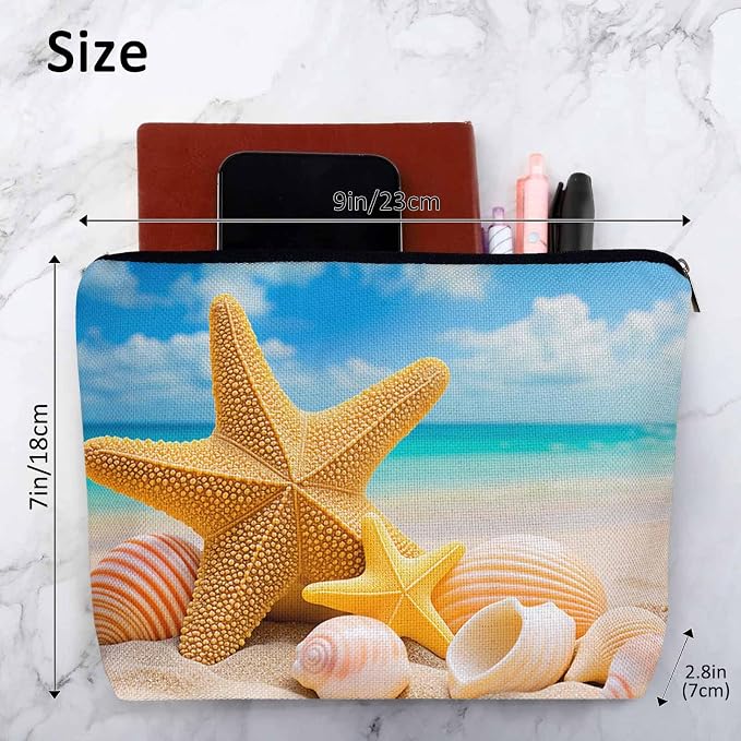 Starfish Seashell Makeup Bag - Turquoise Ocean Cosmetic Bag with Zipper for Beach, Gym, Bathroom