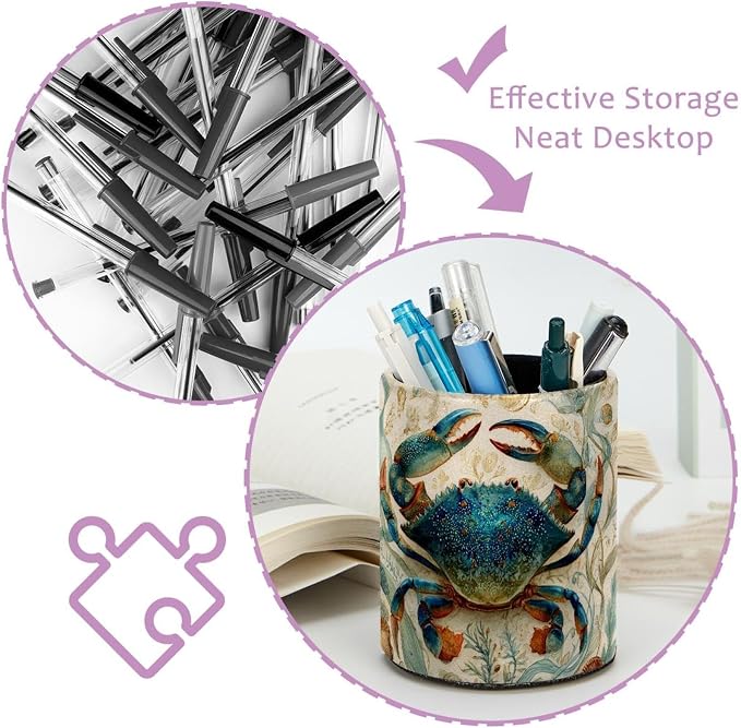 Faux Leather Pen Holder for Desk, Pencil Organizer Blue Crab Pen Cup Desk Decor Makeup Brush Holder Storage for Office Home