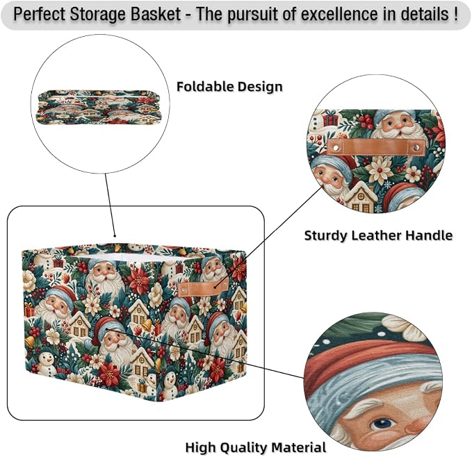 Christmas Basket Storage Bins Rectangle Canvas Basket Cube Storage Box | Nursery Foldable Basket with Handle for Kids Girls Boys Toys Living Room Closet Organizer Shelf Gifts Poinsettia Santa Claus