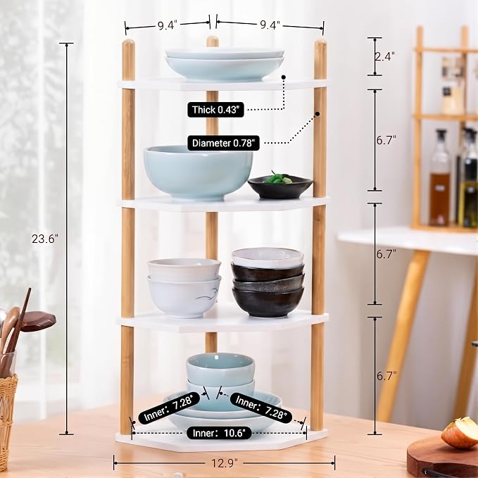 4-Tier Bamboo Corner Shelf,Kitchen Countertop Organizer,Corner Countertop Organizer Shelf, Coffee Bar Organizer,Coffee Bar Accessories,for Kitchen, Pantry, Organizers and Storage,White
