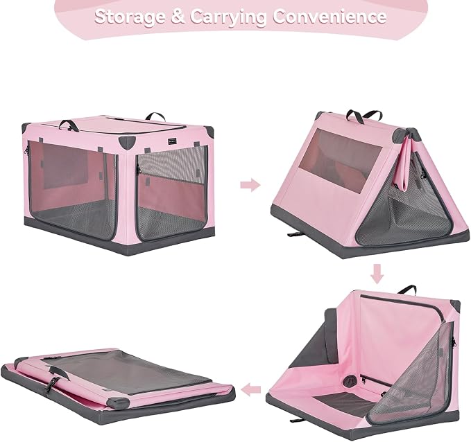 PETSFIT 26" Soft Portable Dog Crate – Patented Spiral Sturdy Frame, Collapsible Travel Kennel for Small Dogs, 3 Mesh Door, Lockable Zippers, Indoor & Car Use Pink