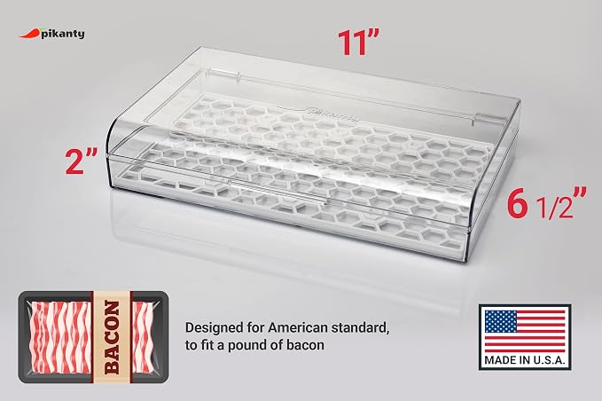 Pikanty Bacon Container for Refrigerator with Tongs & Drain Tray — Airtight Deli Meat Keeper, Cheese & Cold Cuts Storage, Dishwasher & Freezer Safe, Made in USA