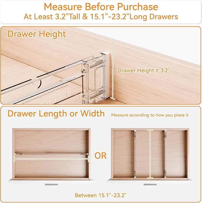 8 Pack 3.2 Inch Shallow Acrylic Drawer Dividers for Clothes -Expandable from 15-21''- Adjustable Drawer Dividers for Baby Clothing,Sock,Underwear,Clear in Drawer Separators for Dresser,Kitchen