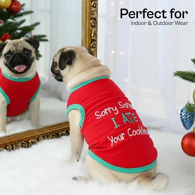Parisian Pet Dog Tshirt - Embroidered “ Sorry Santa I Ate Your Cookies “ Dog Shirt - Lightweight Cotton Puppy Christmas Outfit - Sleeveless Christmas Pet Clothes - Shirts for Large Dogs - 4XL