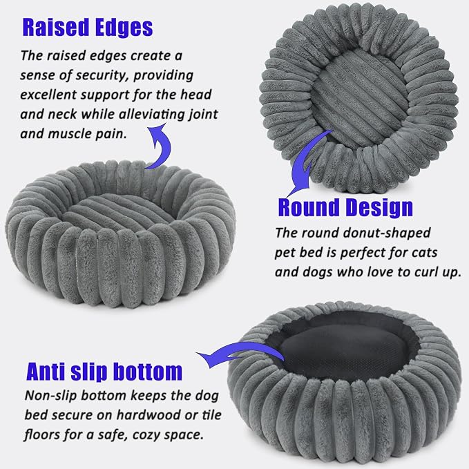 Dog Beds Small Sized Dog Washable Calming Anti-Anxiety Donut Puppy Bed for Small Dogs and Cats,Cozy Soft Anti-Slip Round Large Cat Bed 23 Inch Fits up to 20 lbs Pets,Warm Grey