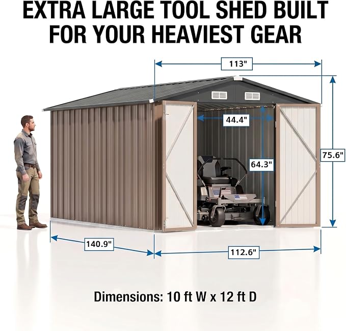 Devoko 8x12 FT Outdoor Storage Shed, Metal Tool Shed with Lockable Door&Slooping Roof, Outside Large Utility Storage for Garden Backyard Patio(Brown)