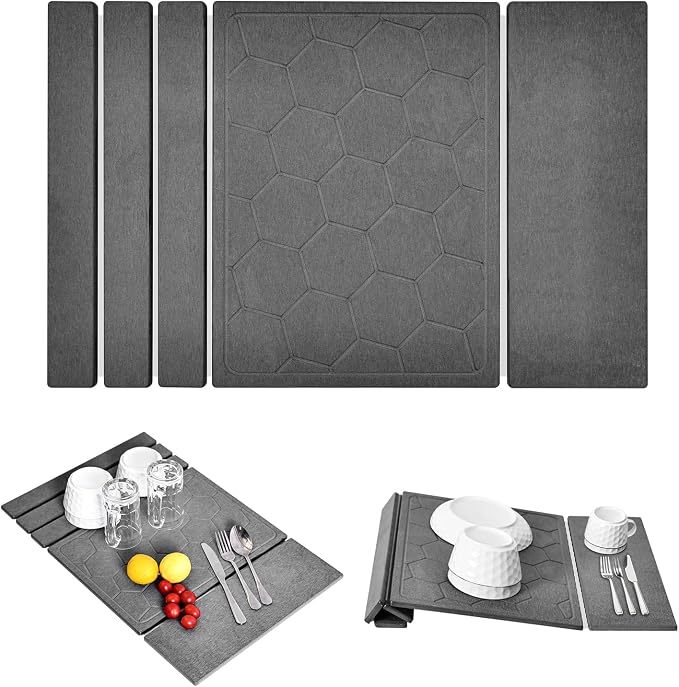 3-in-1 Collapsible Stone Dish Drying Mat, Gray, 24"x16"