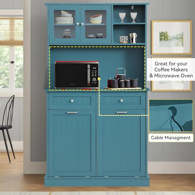 LOUVIXA 68.4" Kitchen Pantry Storage Cabinet, Freestanding Cupboard with Shelf, 2 Drawers and 2 Tilt Out Trash Cabinet, Tall Cabinets for Kitchen, Dinning Room, Living Room (Deep Teal, Double Tilt)