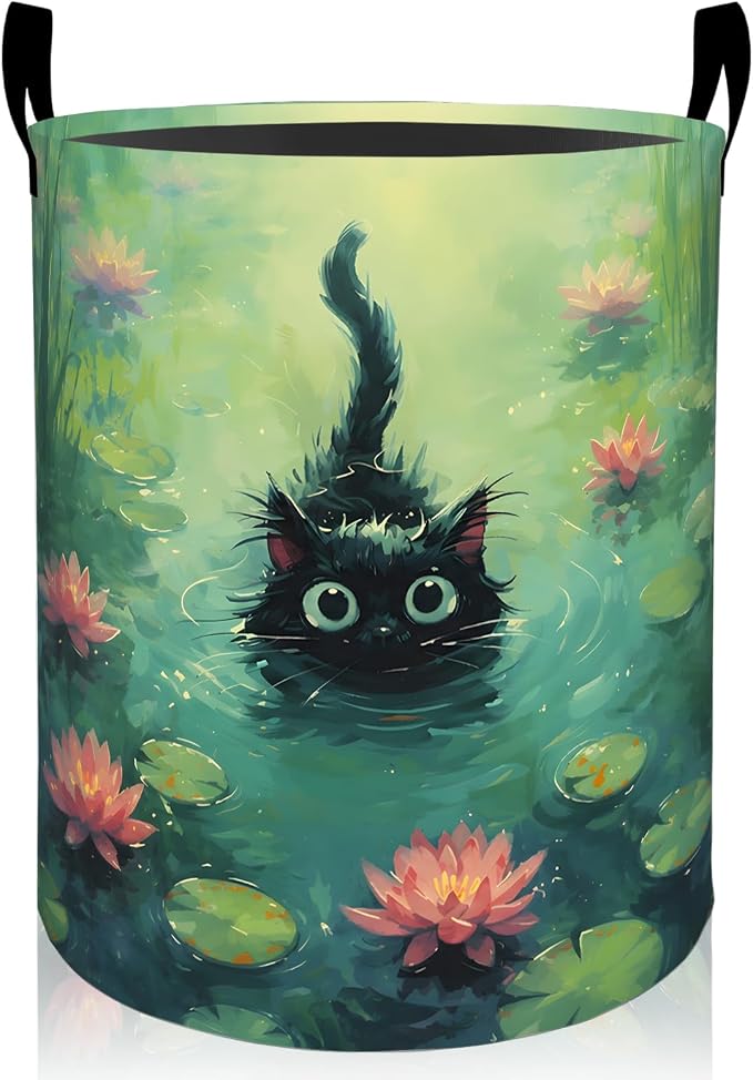 Black Cat Laundry Basket, Cute Kitten Swimming Foldable Oxford Cloth, Waterproof Dirty Clothes Hamper with Handles, Clothing Storage Bin Toy Organizer for Bedroom Dorm Bathroom, 19.7"x15.7"