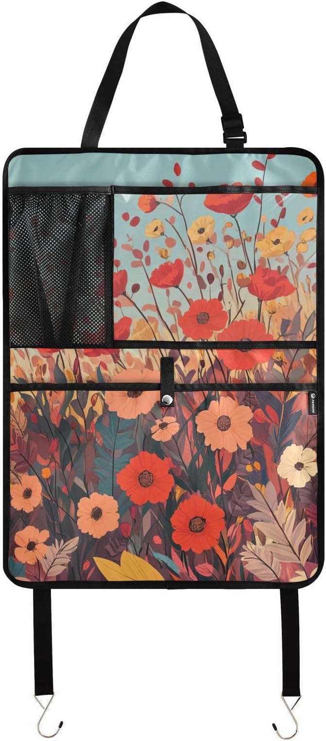 2 Pack Back Seat Car Organizer with Storage Pockets Kick Mats Back Seat Protector Hanging Car Organizer Automotive Seat Back Cover Organizers Autumn Poppy Flowers