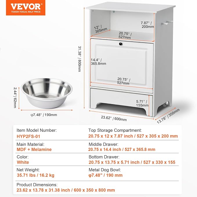 VEVOR Pet Feeding Station with 2 Elevated Dog Bowls, Raised Dog Bowls Stand with Storage, Food Cabinet with Hidden Pull-Out Bowl, Feeder Station, Pet Toy Storage Organizer for Dogs Cats, White