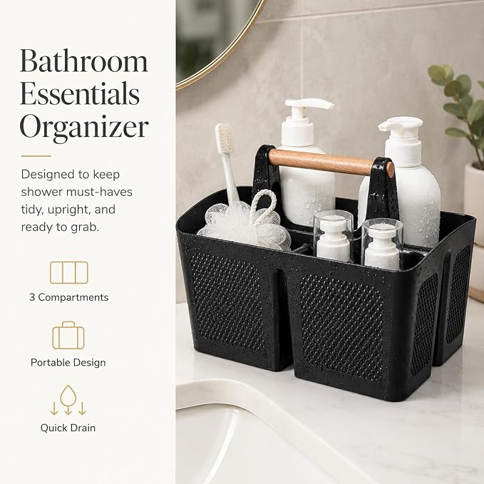 Haundry Plastic Shower Caddy with Wooden Handle, Portable 3-Compartment Bathroom Organizer Basket with Drainage Holes, Quick Dry Shower Basket for Dorm, College, Cleaning Supplies