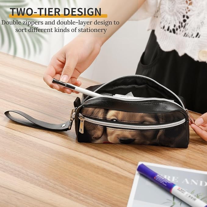 Pencil Pouch Cute Pet Dog Pencil Case Zipper Storage Bag with 2 Compartments Portable Pen Bag Desk Organizer Marker Pen Case