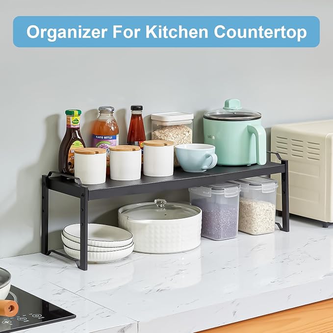 X-cosrack 25.5 Inches 2 Pack Expandable Cabinet Shelves, Stackable Shelf Organizer for Kitchen Cabinet Countertop Storage, Adjustable Counter Cupboard Pantry Organizer Shelf Rack Stand Riser, Black