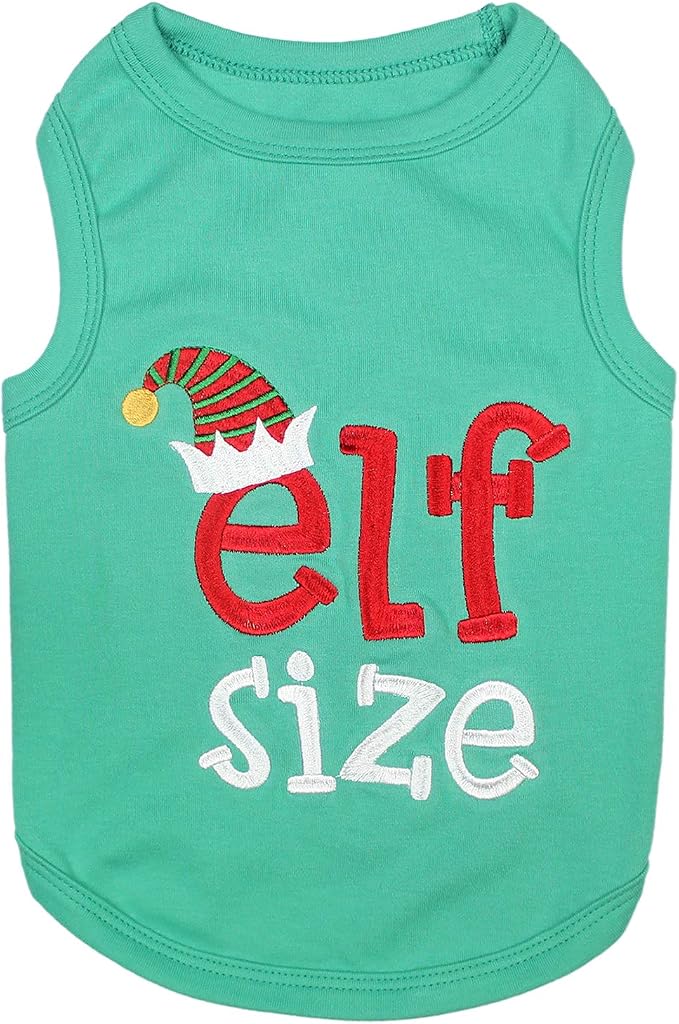 Parisian Pet Dog Shirt Embroidered “ Elf Size “ - Lightweight Cotton Dog Christmas Outfit - Sleeveless Christmas Pet Clothes - Machine Washable Shirts for Small Dogs - S