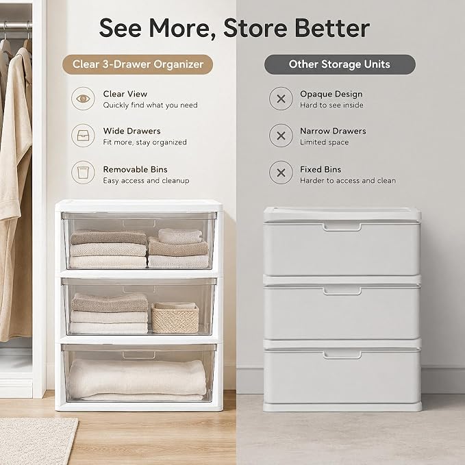 3 Drawer Plastic Storage Tower Wide Organizer for Closet Bedroom (White) | Stackable wide drawers for clothes, toys and crafts. Durable see-through plastic provides quick visibility.
