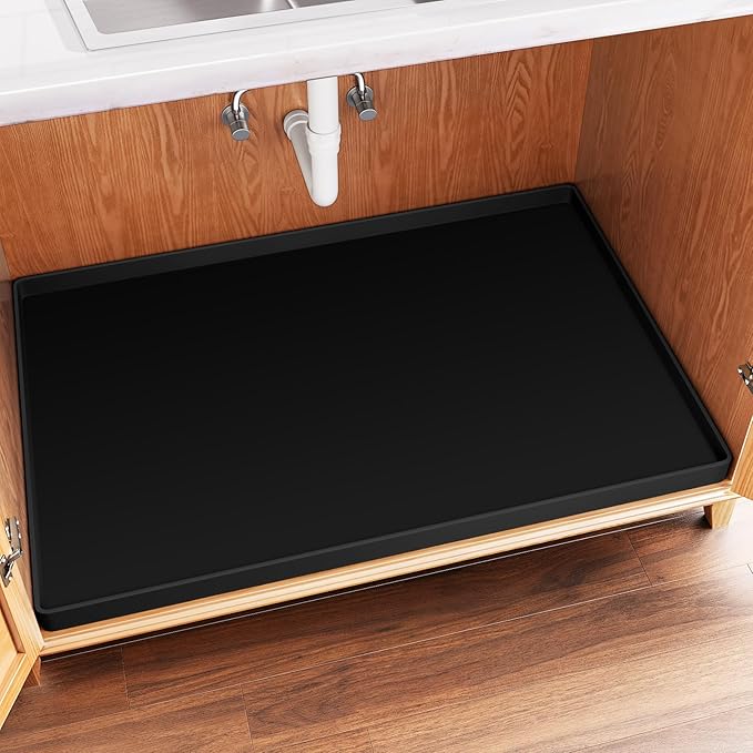 FLATO Waterproof Under Sink Mat, 37" x 22", Black | Shelf Liner for Kitchen and Bathroom, Cabinet Protector, Organizers and Storage, Flexible Silicone Drip Tray