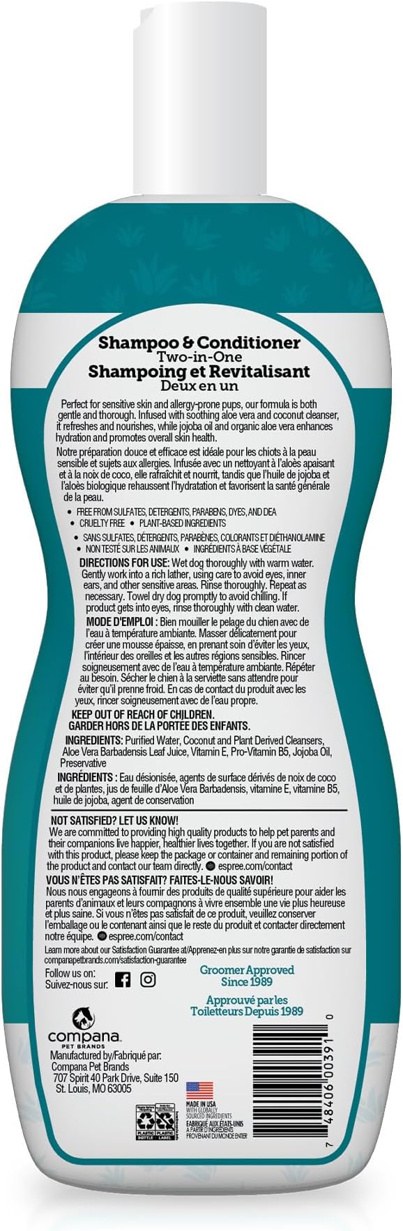 Espree Hypoallergenic Dog Shampoo & Conditioner, Dog Grooming Supplies, Tearless Formula with Aloe Vera, Made Without Sulfates, Parabens, Harsh Chemicals and Dyes, Safe for Sensitive Skin, 20oz