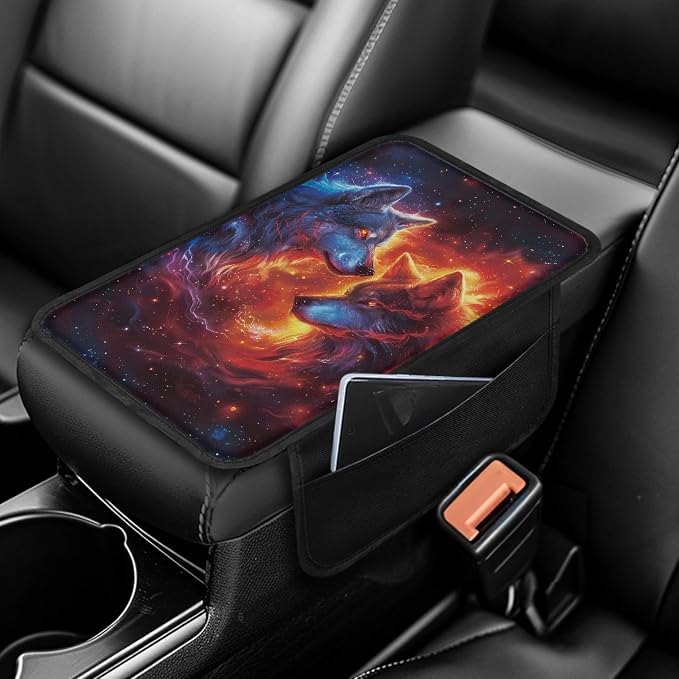 Howilath Galaxy Wolves Console Cover for Car Non-Slip Armrest Cushion Pad | Easy Stretch-on Installation, Comfortable Support, Protects from Dirt. Accessories Interior Decor