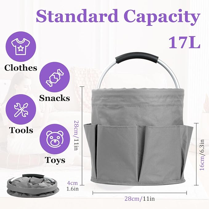 17L Collapsible Cleaning Supplies Caddy with Handle for Travel, Dark Gray | IHOMAGIC 600D Oxford Bucket Tool Organizer, Cleaning Tote with 6-pockets, Portable Storage Basket for Home, Hotel, Restaurant