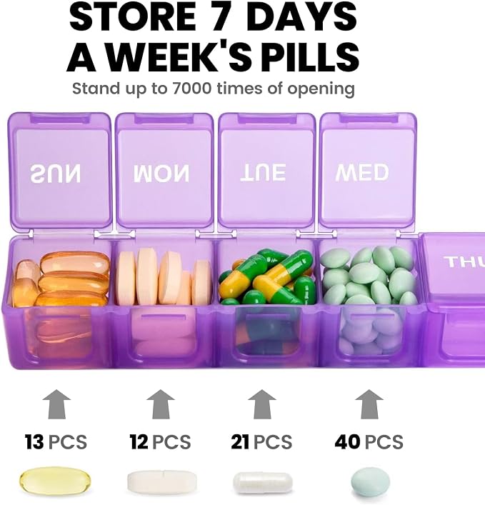 Sukuos Extra Large Weekly Pill Organizer, 7 Day Daily Pill Box Case Arthritis Friendly, Silkscreen Printed Medicine Container with Clear Lid for Vitamins, Fish Oils or Supplements (Purple)