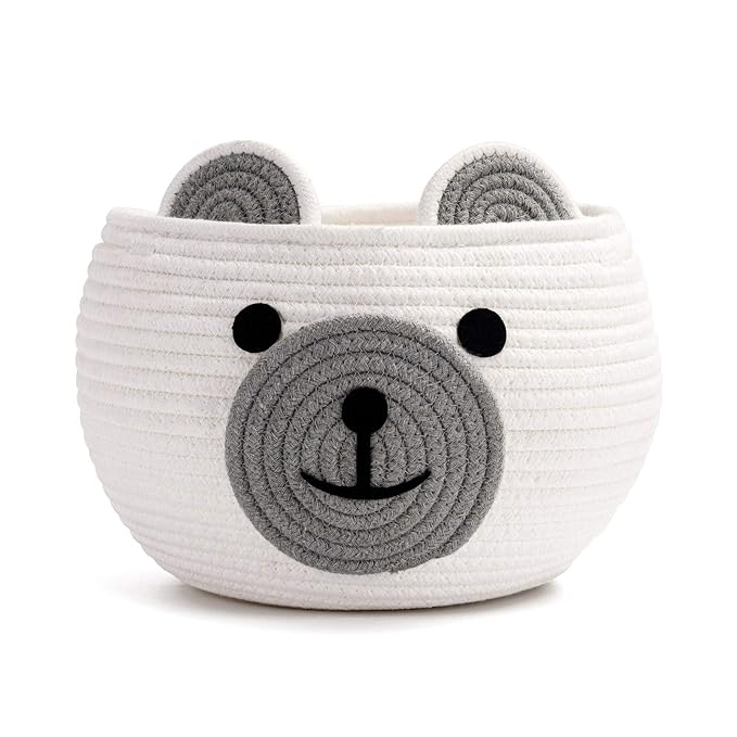 CherryNow Baby Basket for Gifts Empty, Cute Bear Design, Light Grey | 10.5" x 8.5" Woven Rope Baby Shower Basket, Fits Living Room Nursery Décor, Small Gift Baskets Empey for Kids